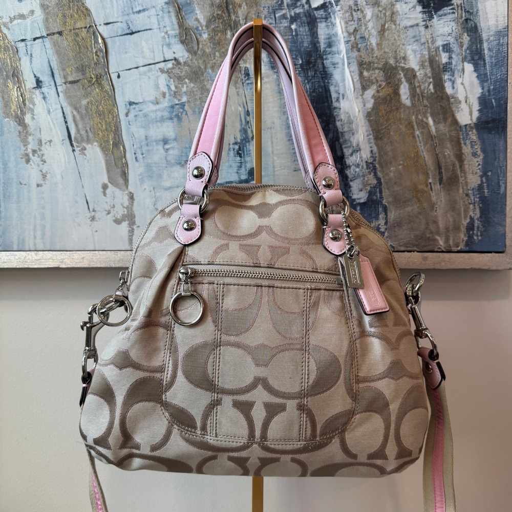 Y2K Coach Poppy Signature Jacquard Pink Leather Trim Dome Satchel Crossbody